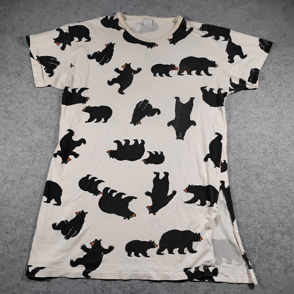 Vintage Yosemite M‎ All Over Bear Print T-Shirt Dress Off White Short Sleeve